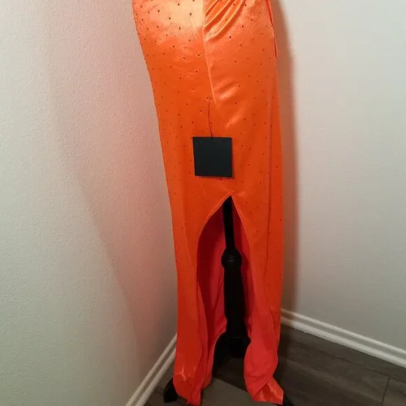 Lulus Womens Medium Coral Halter Long Dress Rhinestone HOCO Formal Prom NWT - Picture 12 of 15